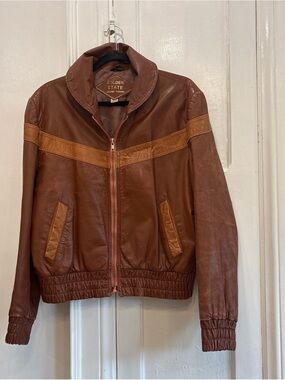 Vintage Golden State Brown Leather Bomber Jacket - size 44. Made in Korea